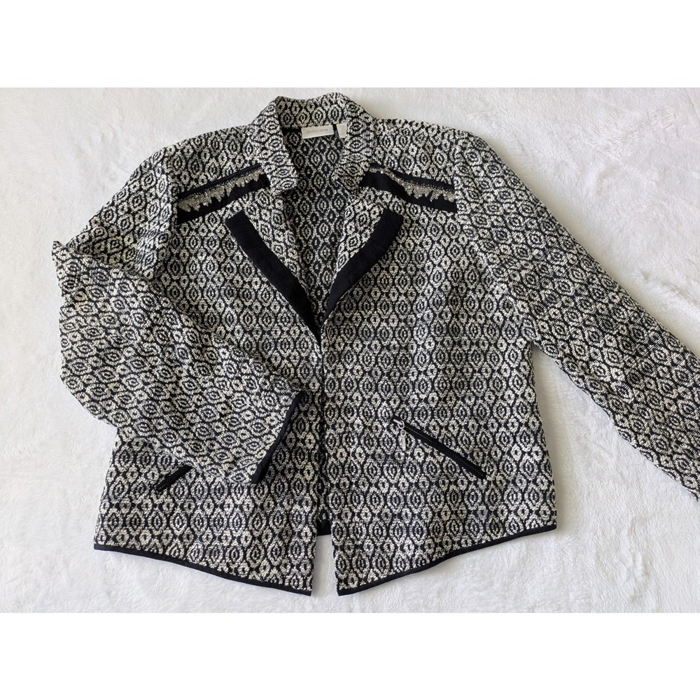 Chicos Jacket Womens Large Geometric‎ Tweed Open Front Blazer Pockets Officecore